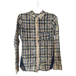 Gimmicks BKE Y2K Womens Western Shirt‎ Blouse Lace Back Plaid Yellow Blue Medium